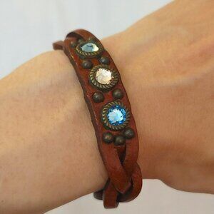 Turquoise and Yellow Crystals Studded Braided Leather Wristband